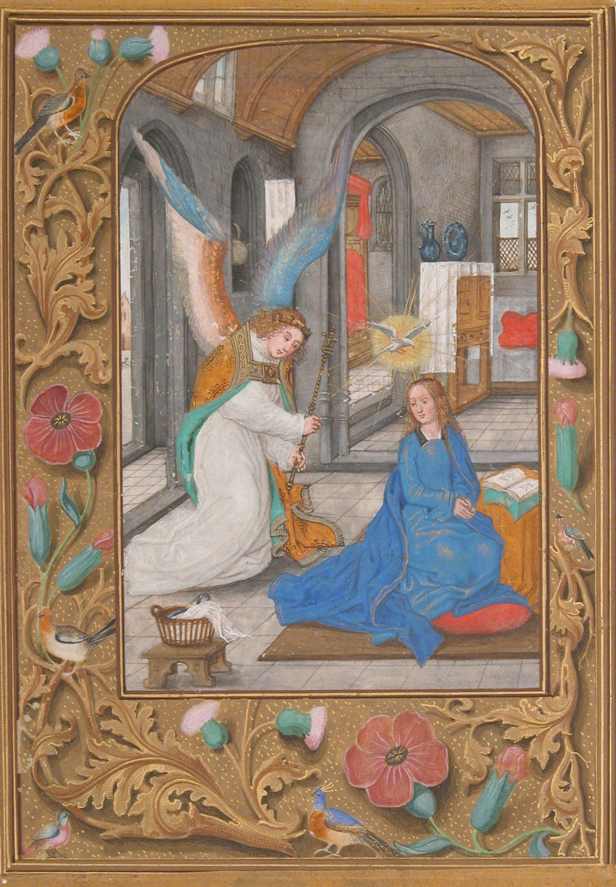 The Annunciation (Grey Stone Room) | Illuminated Manuscript Print shown to scale on a wall above a sofa