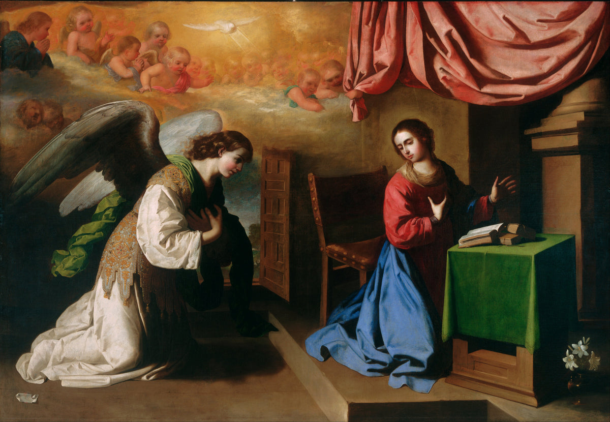The Annunciation by Francisco de Zurbarán — A kneeling angel bows to a woman beneath a dove and a cloud of cherubs