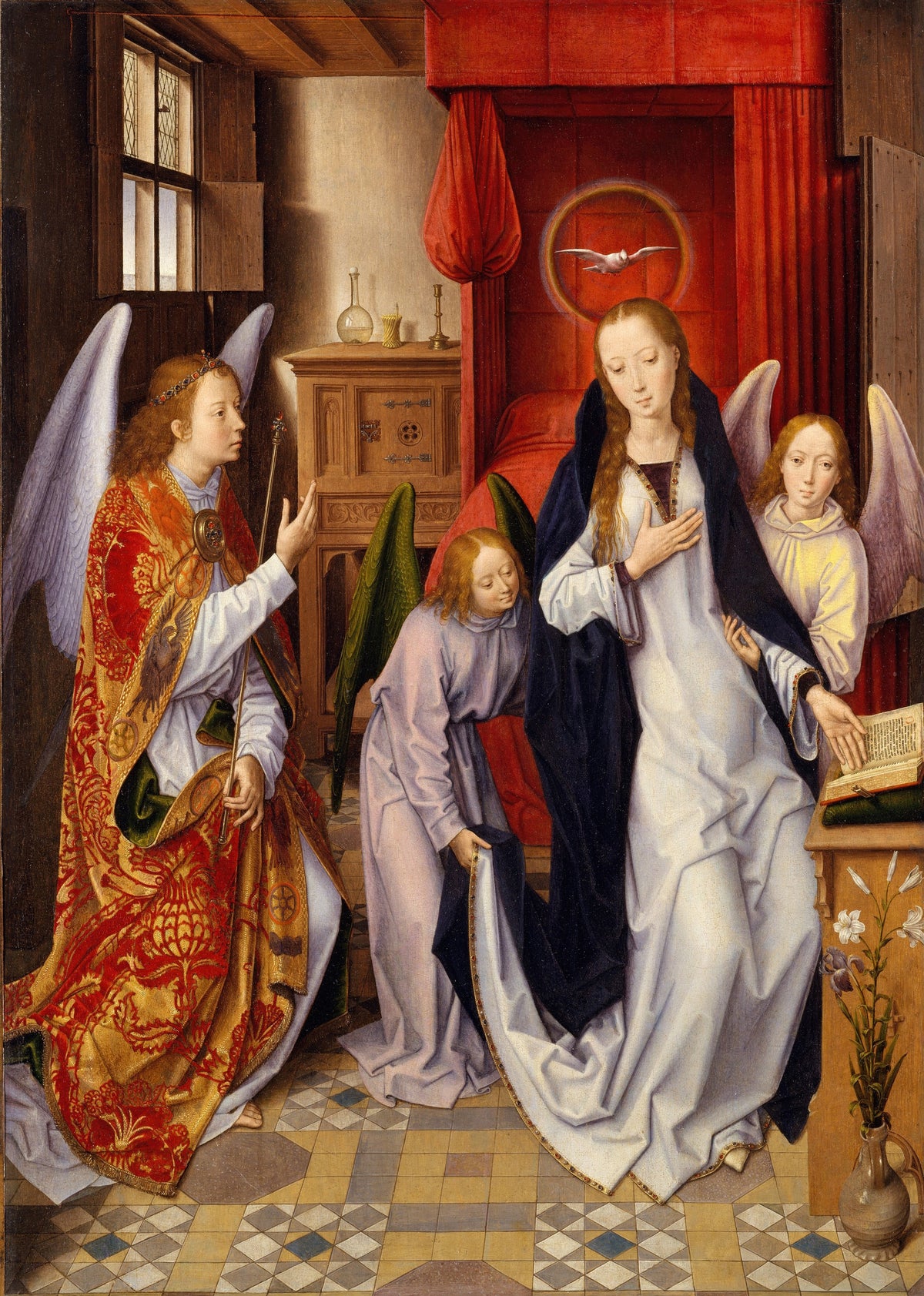 The Annunciation by Hans Memling — A white-robed Virgin, three angels and a dove in a red-curtained room