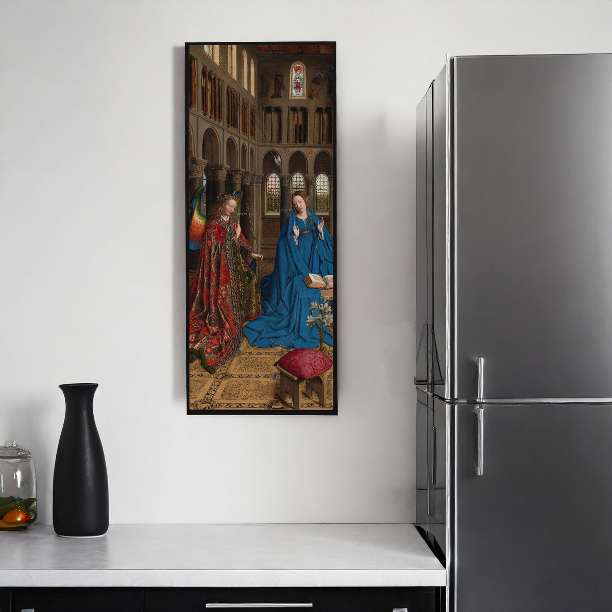 Framed art print of The Annunciation by Jan van Eyck, on a kitchen wall