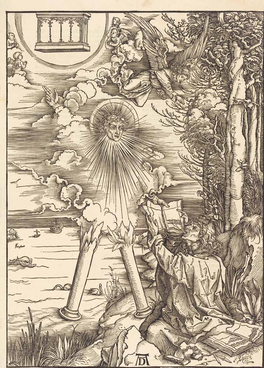 Albrecht Dürer — The Apocalypse: Saint John Devouring the Book | Woodcut Print shown to scale on a wall above a sofa