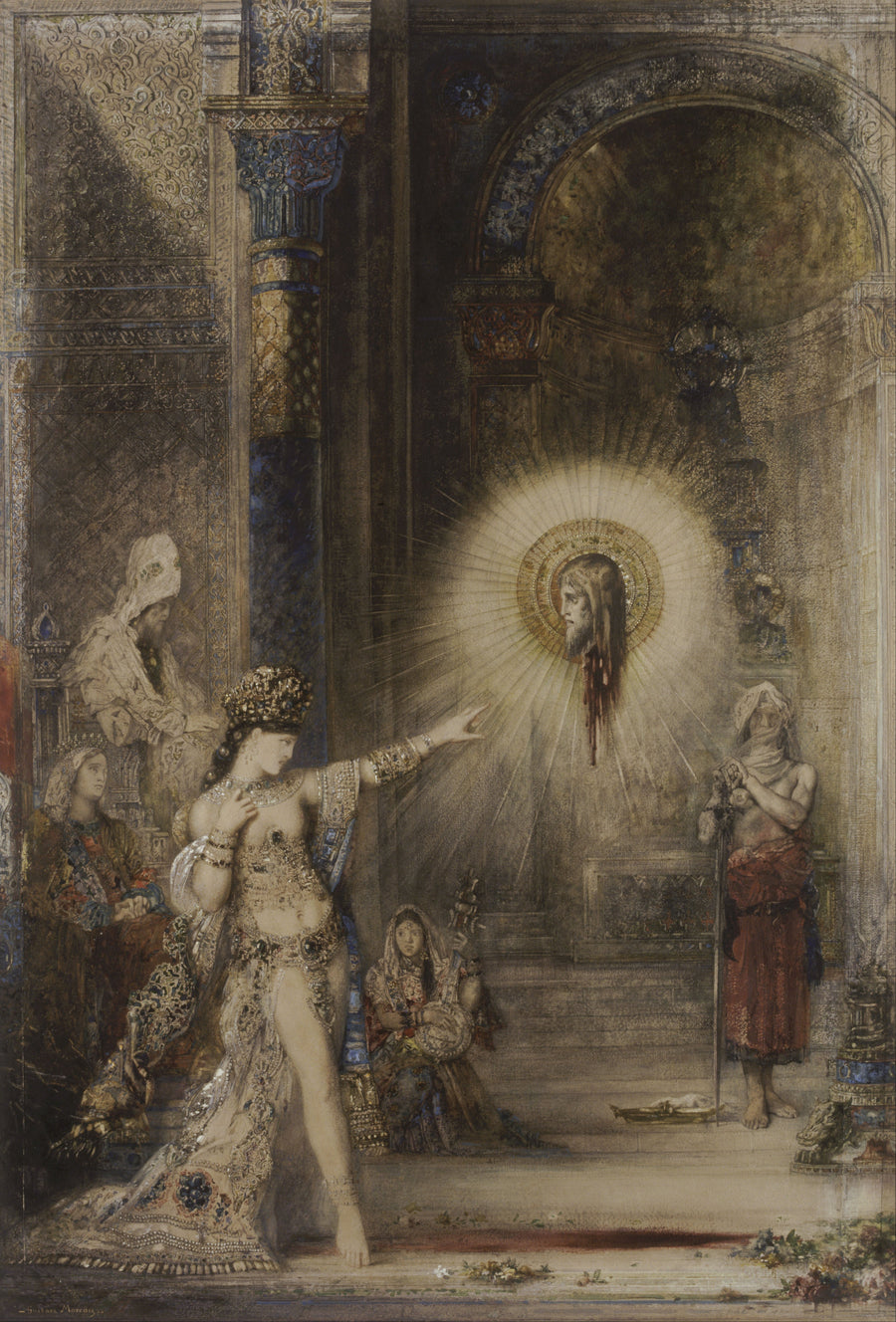 Gustave Moreau — The Apparition | Art Print shown to scale on a wall above a sofa