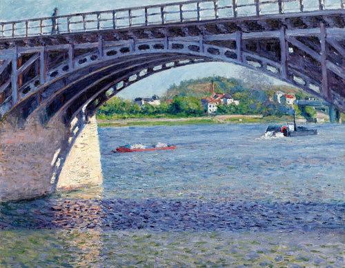 The Argenteuil Bridge and the Seine by Gustave Caillebotte — Iron bridge girders arch over the Seine, casting shadow on the water