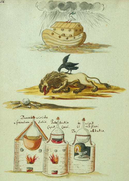 The Ark above a Raven on a Lion, and Three Furnaces by Thesaurus Thesaurorum — Noah's ark, a raven on a dying lion and three flasks in furnaces