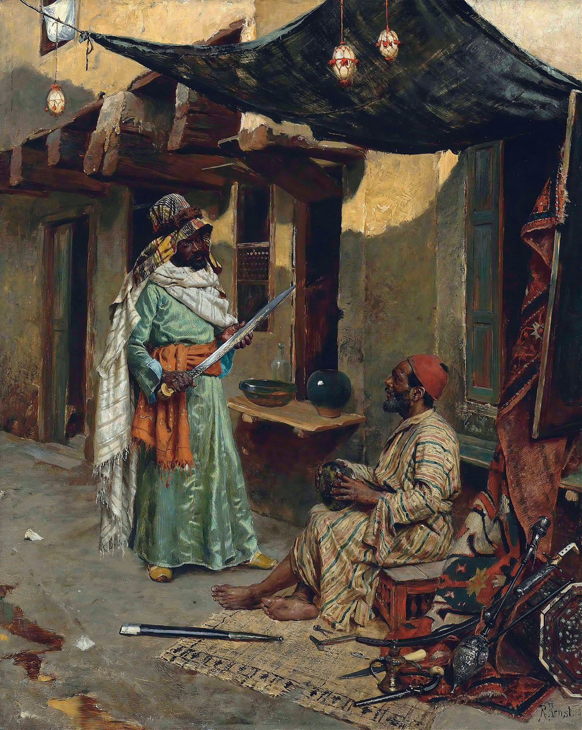 The Arms Merchant by Rudolf Ernst — A sword examined under a dark awning in a sunlit lane