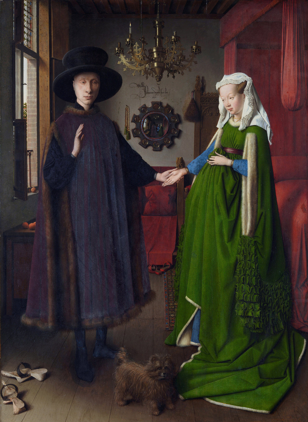 The Arnolfini Portrait by Jan van Eyck — A couple join hands under a chandelier, a small dog at their feet