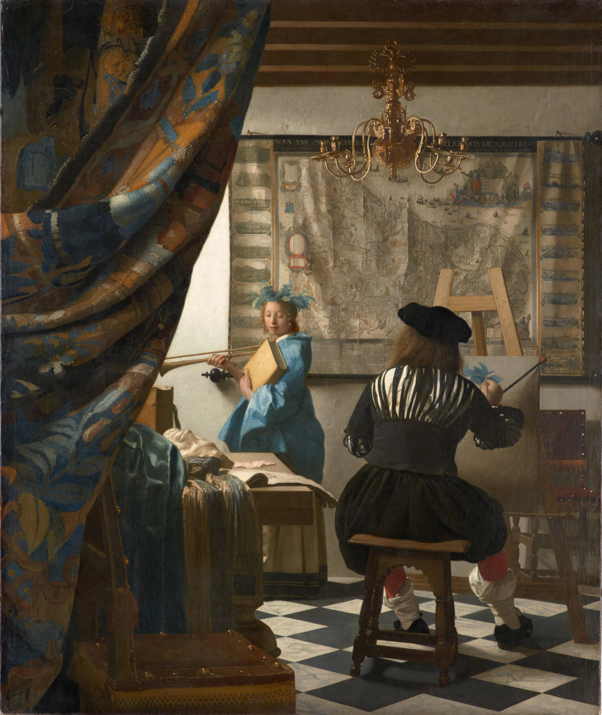 The Art of Painting by Johannes Vermeer — A painter at his easel, a crowned model and a drawn-back curtain
