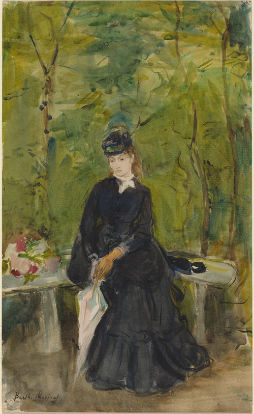 The Artist’s Sister Edma Seated on a Bench by Berthe Morisot — A young woman in black sits on a stone bench among green trees