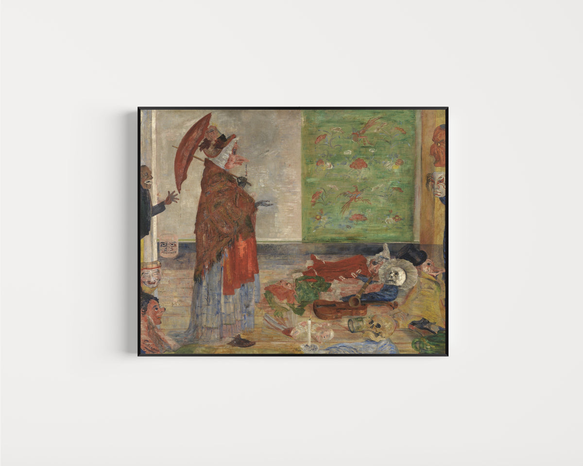 Framed art print of The Astonishment of the Mask Wouse by James Ensor, in a slim black frame on a plain white wall