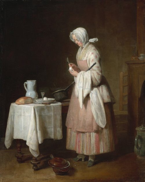 The Attentive Nurse by Jean-Siméon Chardin — A woman in a pink apron looks down at an egg beside a bread table