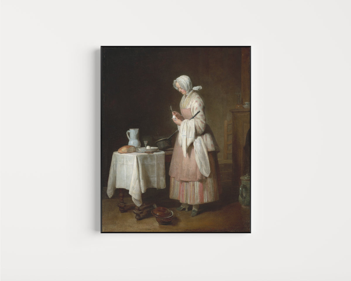 Framed art print of The Attentive Nurse by Jean-Siméon Chardin, in a slim black frame on a plain white wall