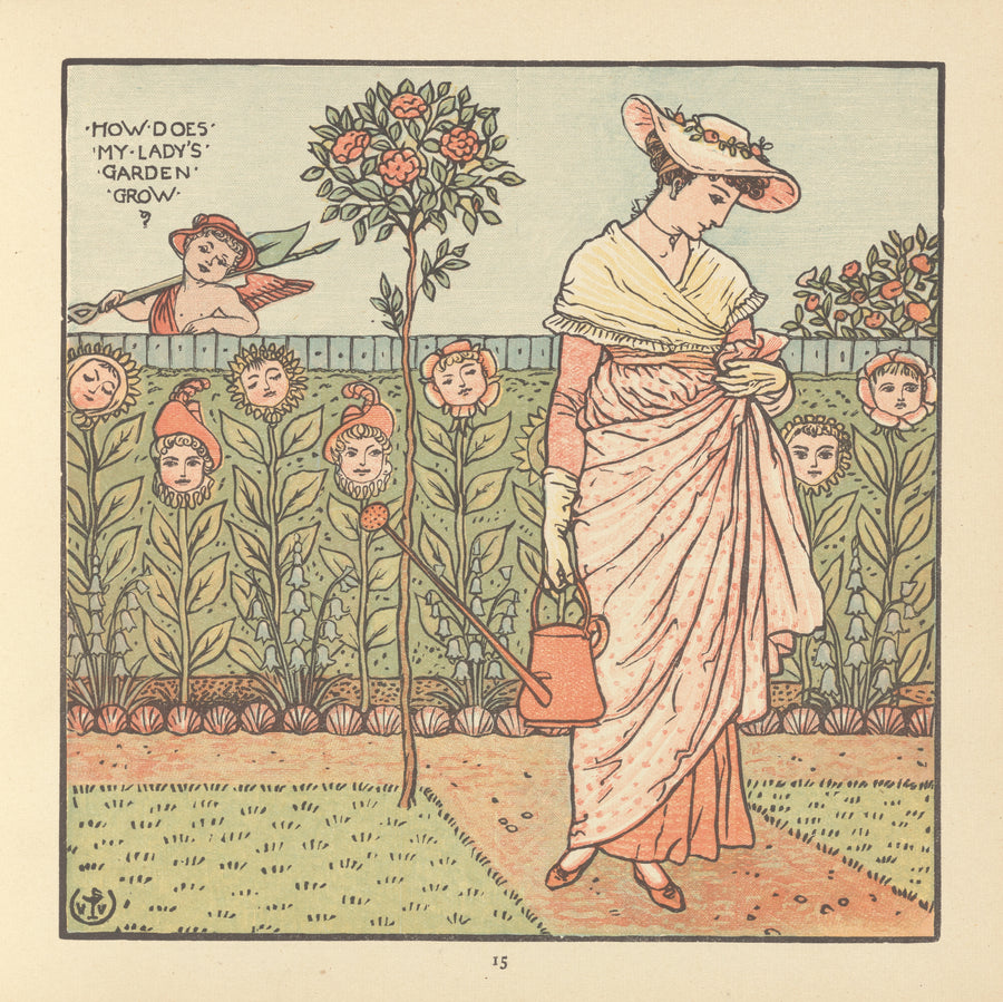 Walter Crane — The Baby's Opera: How Does My Lady's Garden Grow? | Art Nouveau Print shown to scale on a wall above a sofa