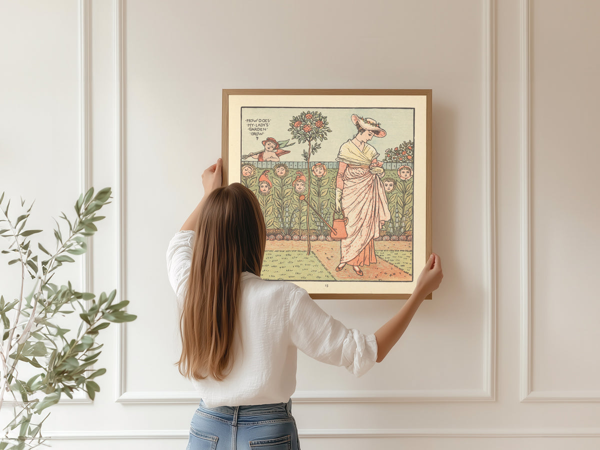 Framed art print of The Baby's Opera: How Does My Lady's Garden Grow? by Walter Crane, hung on a panelled wall