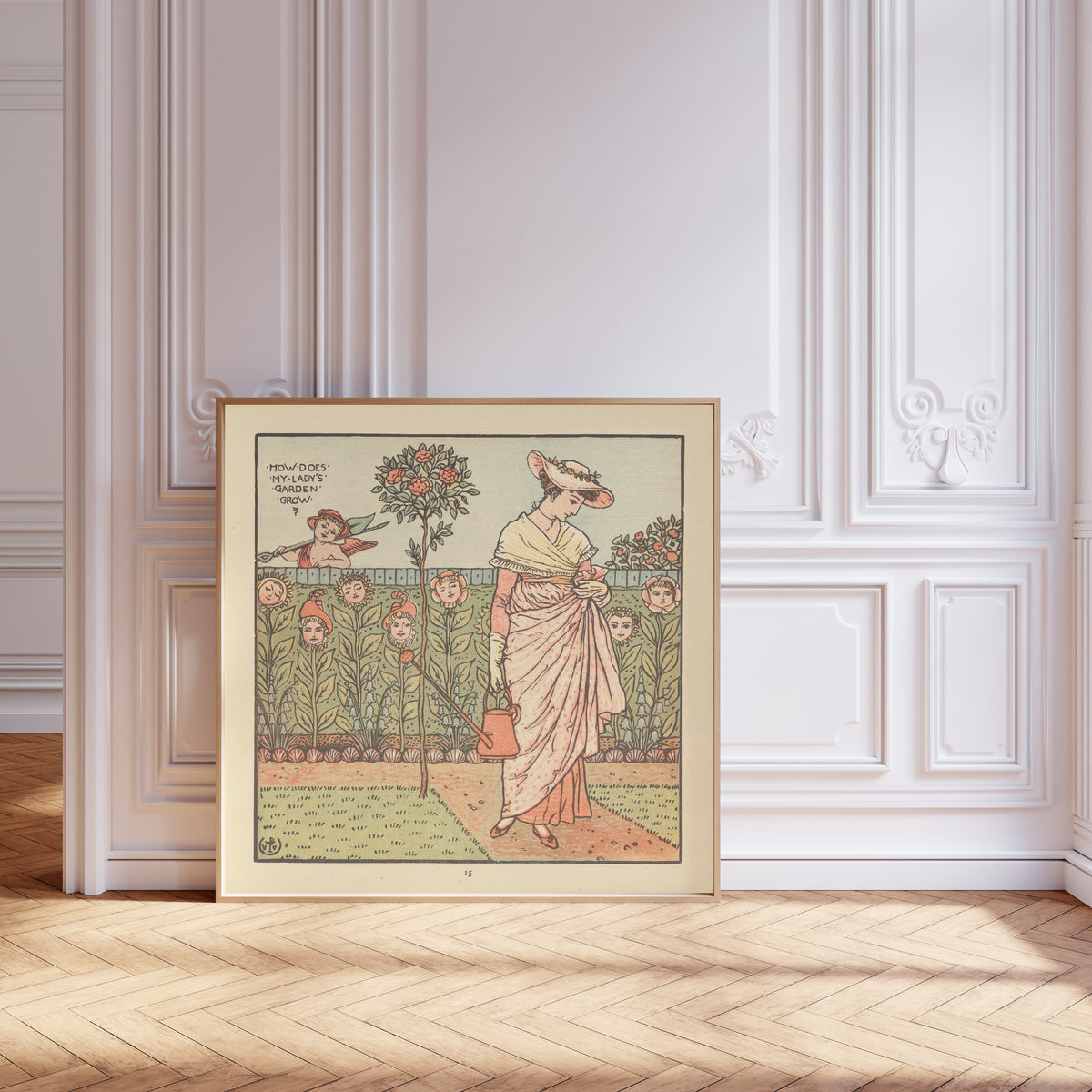 Framed art print of The Baby's Opera: How Does My Lady's Garden Grow? by Walter Crane, leaning against pale pink panelling on a herringbone floor