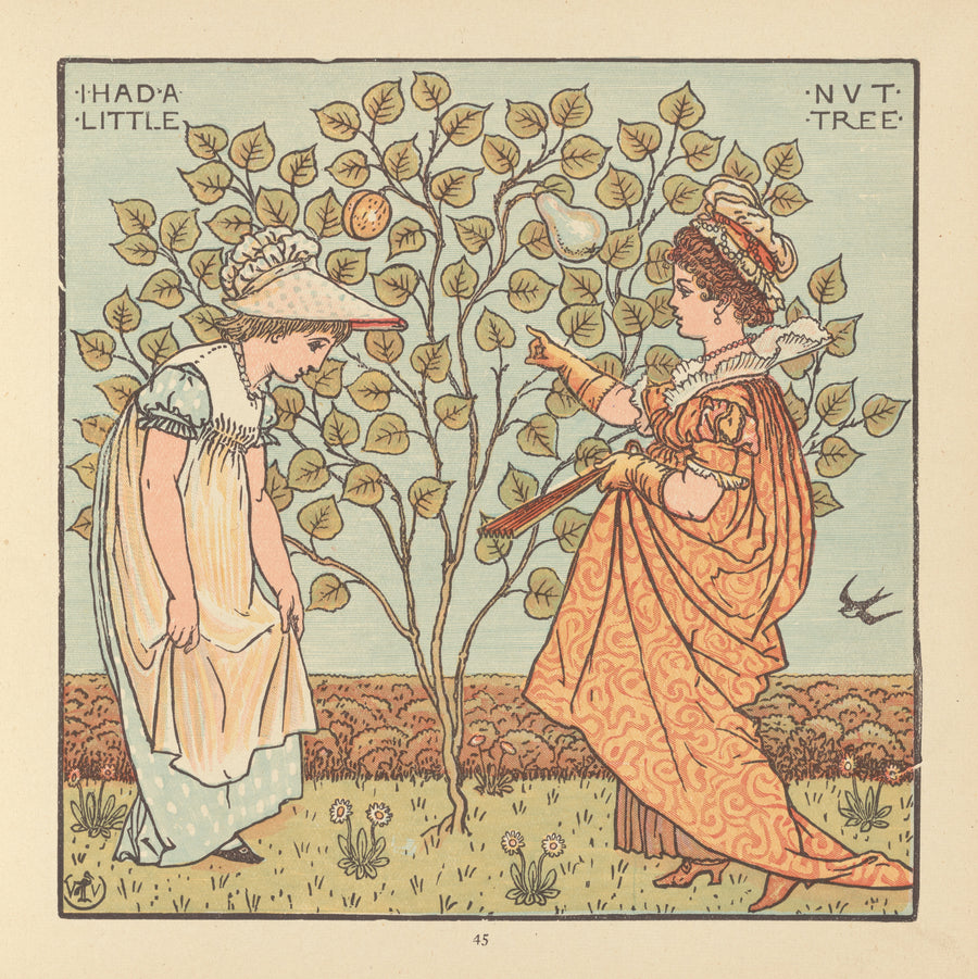 Walter Crane — The Baby's Opera: I Had a Little Nut Tree | Art Nouveau Print shown to scale on a wall above a sofa