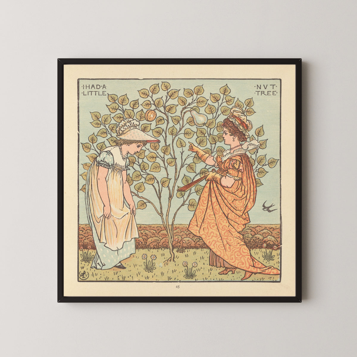 Framed art print of The Baby's Opera: I Had a Little Nut Tree by Walter Crane, in a black frame on a pale wall