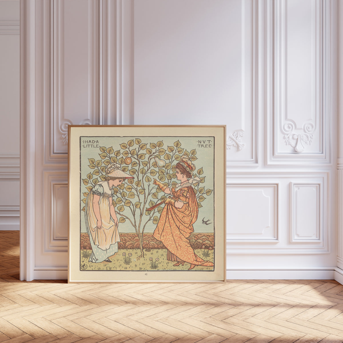 Framed art print of The Baby's Opera: I Had a Little Nut Tree by Walter Crane, leaning against pale pink panelling on a herringbone floor