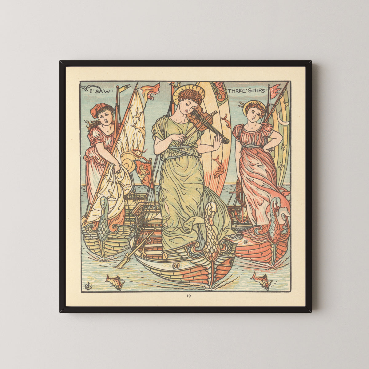 Framed art print of The Baby's Opera: I Saw Three Ships by Walter Crane, in a black frame on a pale wall