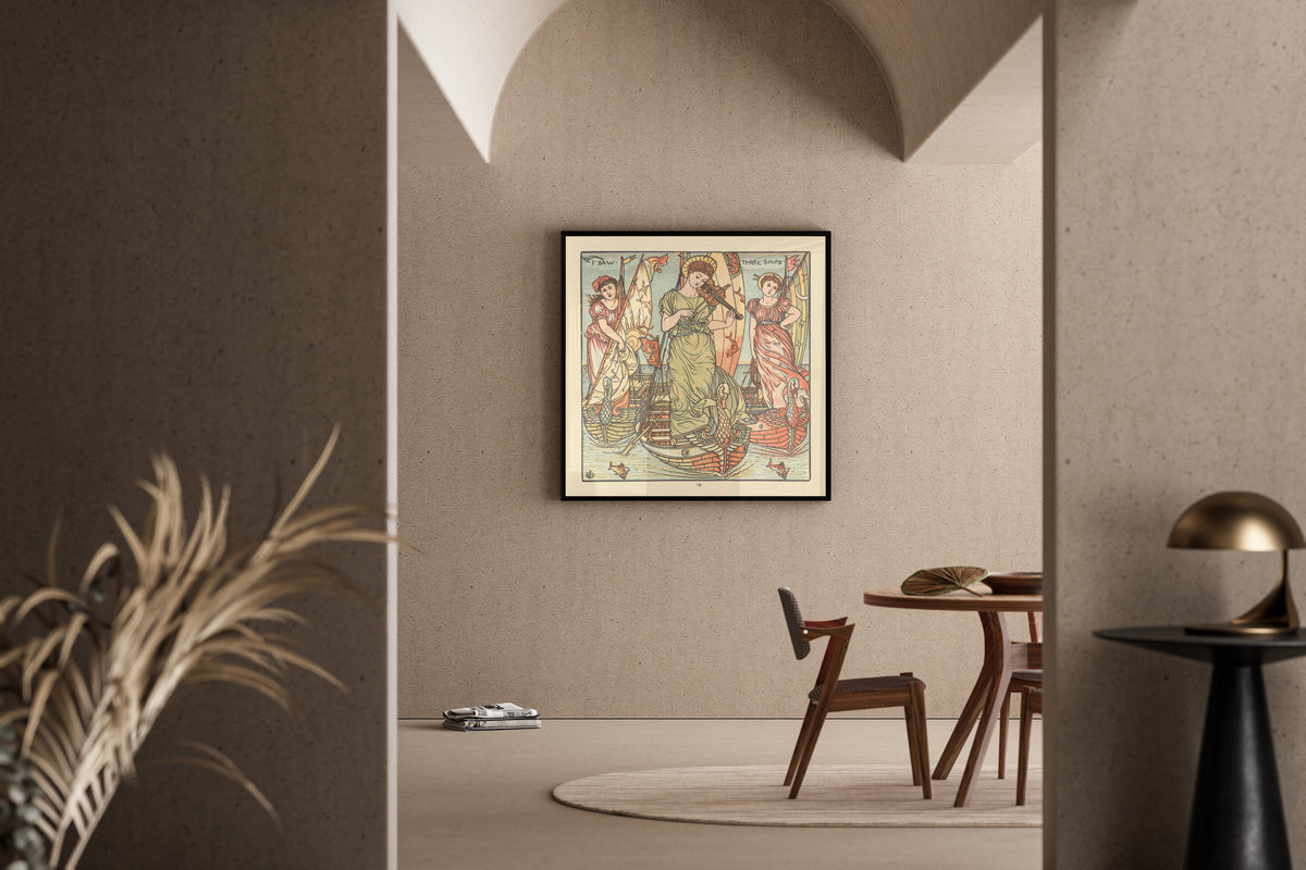 Framed art print of The Baby's Opera: I Saw Three Ships by Walter Crane, in a sunlit dining corner