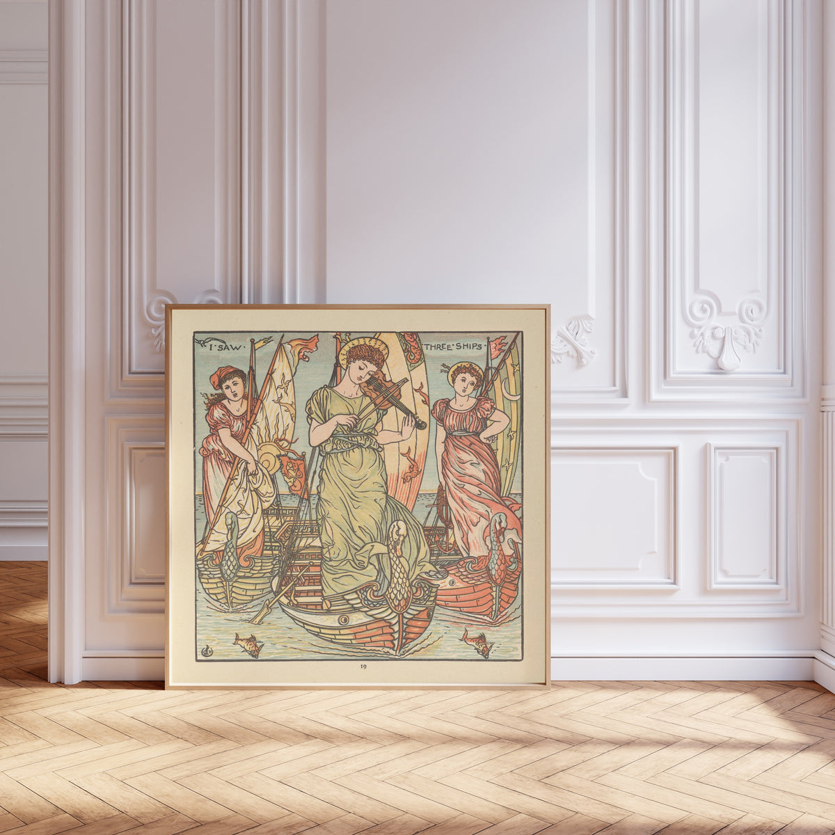 Framed art print of The Baby's Opera: I Saw Three Ships by Walter Crane, leaning against pale pink panelling on a herringbone floor