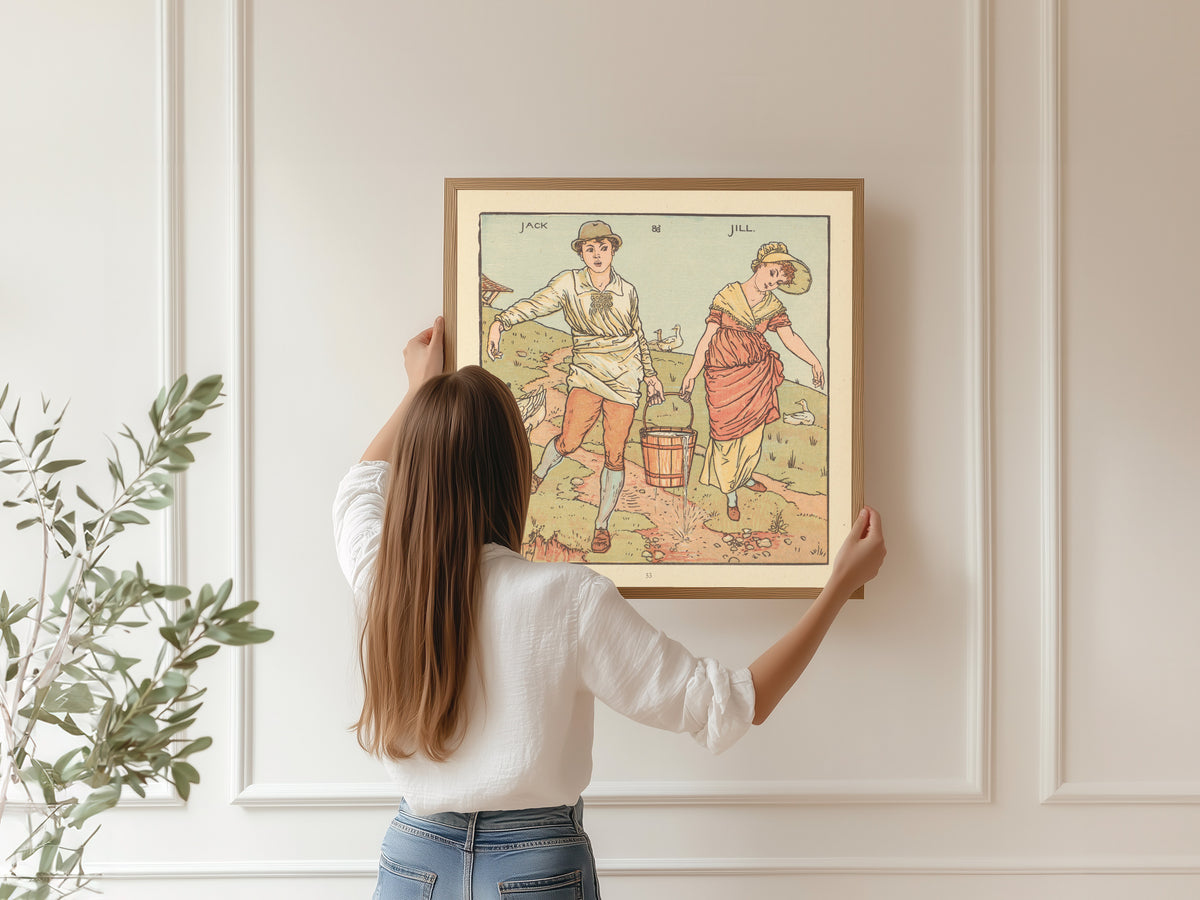Framed art print of The Baby's Opera: Jack and Jill by Walter Crane, hung on a panelled wall