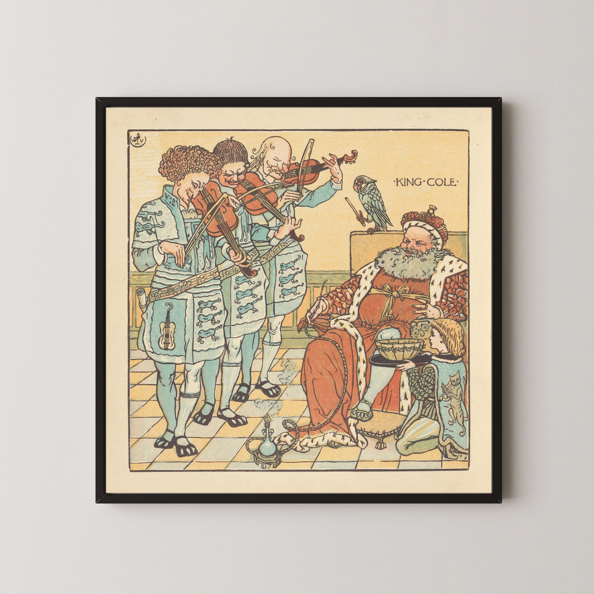 Framed art print of The Baby's Opera: King Cole by Walter Crane, in a black frame on a pale wall