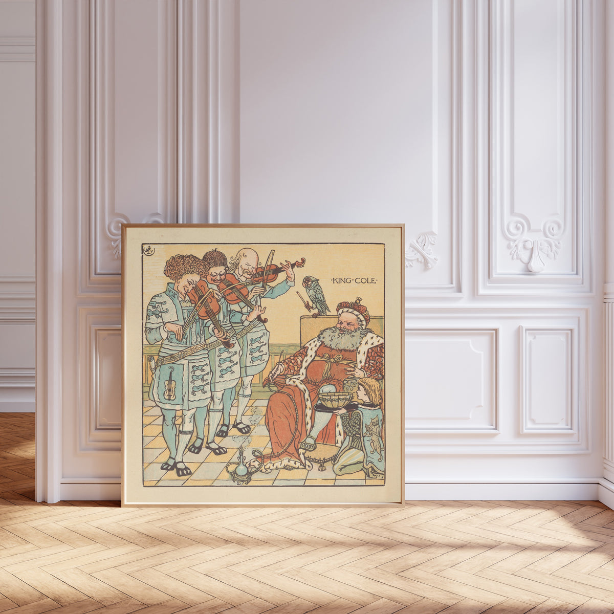 Framed art print of The Baby's Opera: King Cole by Walter Crane, leaning against pale pink panelling on a herringbone floor