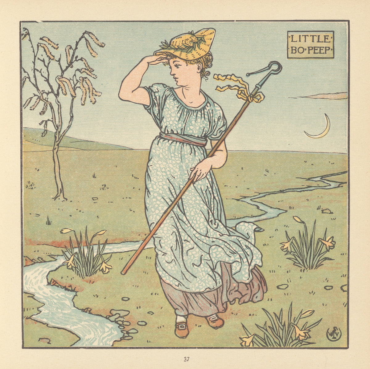 The Baby's Opera: Little Bo-Peep by Walter Crane — Bo-Peep shades her eyes beside a stream under a crescent moon