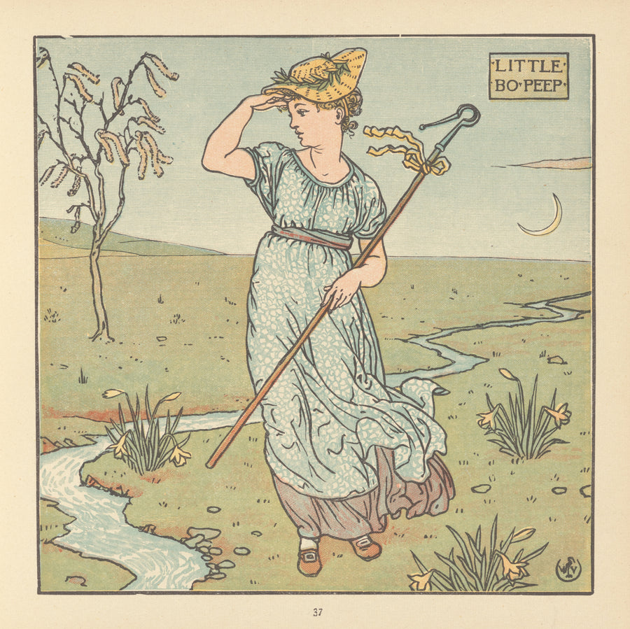 Walter Crane — The Baby's Opera: Little Bo-Peep | Art Nouveau Print shown to scale on a wall above a sofa