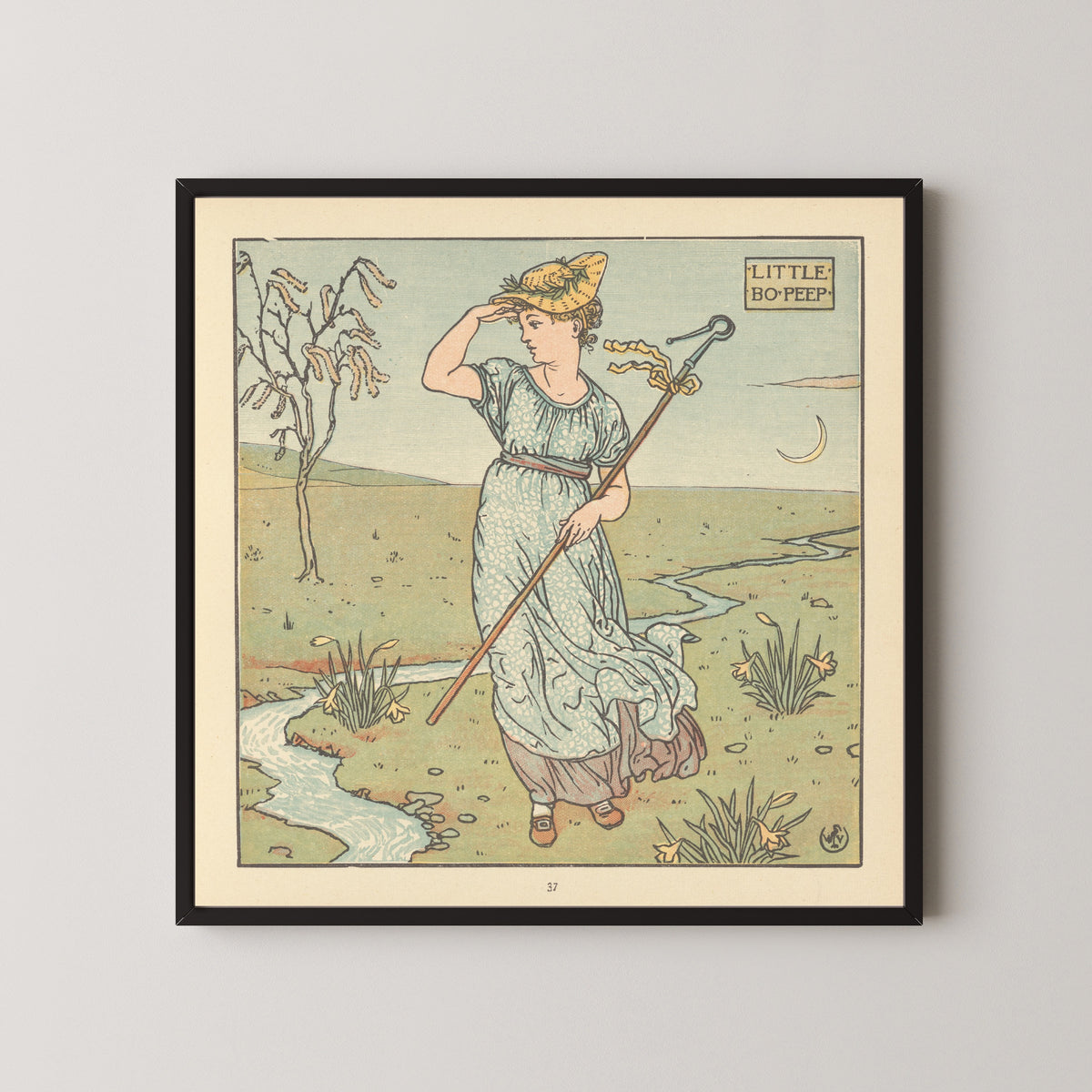 Framed art print of The Baby's Opera: Little Bo-Peep by Walter Crane, in a black frame on a pale wall