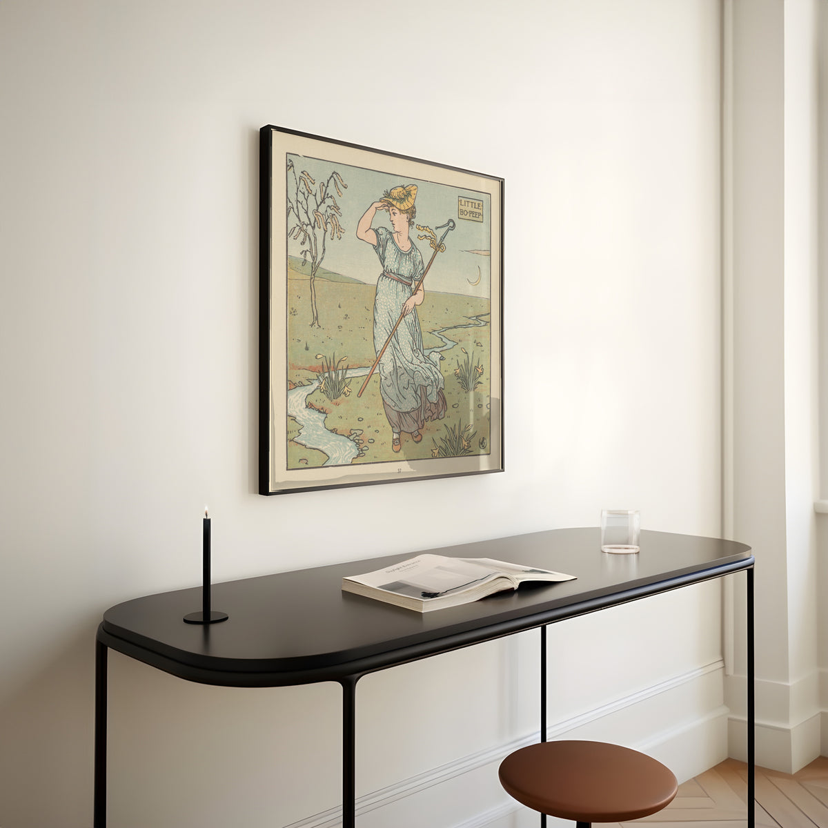 Framed art print of The Baby's Opera: Little Bo-Peep by Walter Crane, above a slim black console table