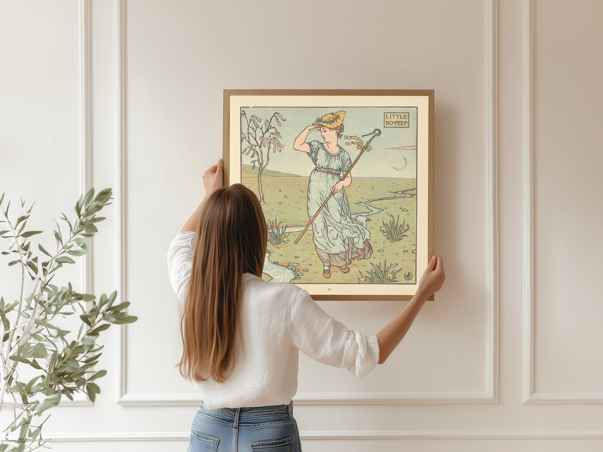 Framed art print of The Baby's Opera: Little Bo-Peep by Walter Crane, hung on a panelled wall