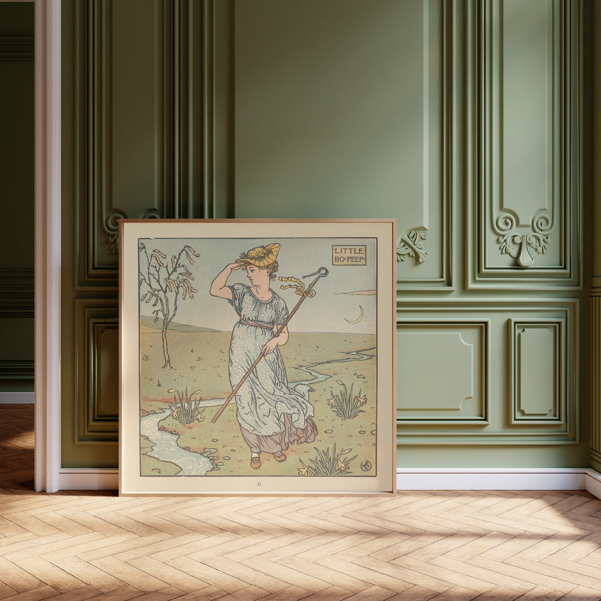 Framed art print of The Baby's Opera: Little Bo-Peep by Walter Crane, leaning against olive-green panelling on a herringbone floor