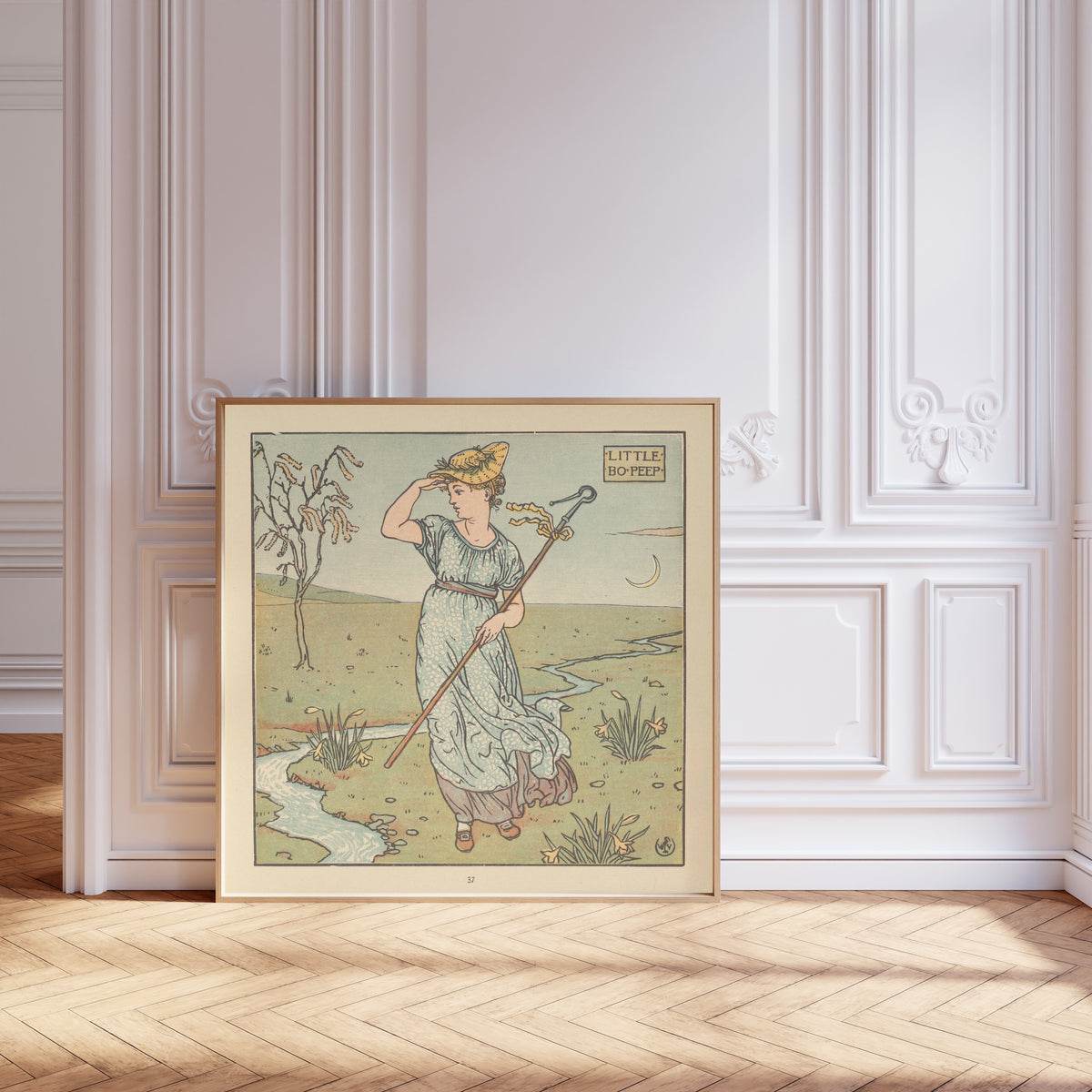 Framed art print of The Baby's Opera: Little Bo-Peep by Walter Crane, leaning against pale pink panelling on a herringbone floor