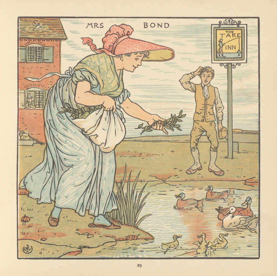 Walter Crane — The Baby's Opera: Mrs. Bond | Art Nouveau Print shown to scale on a wall above a sofa