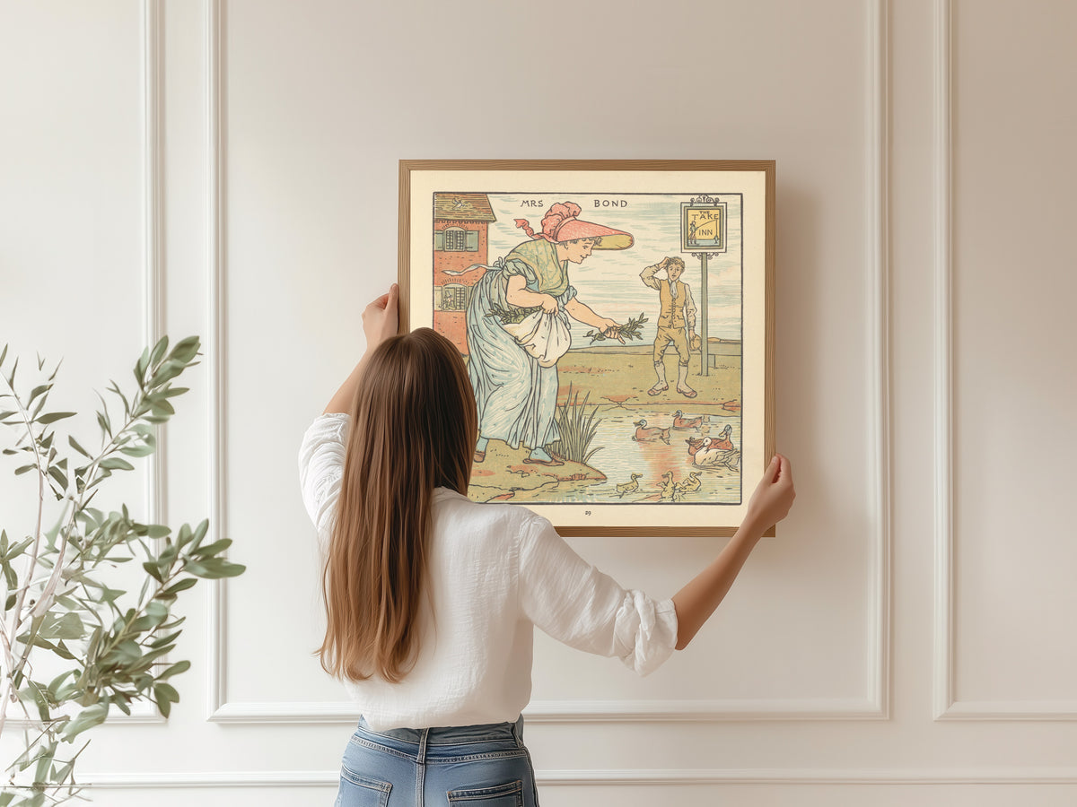 Framed art print of The Baby's Opera: Mrs. Bond by Walter Crane, hung on a panelled wall