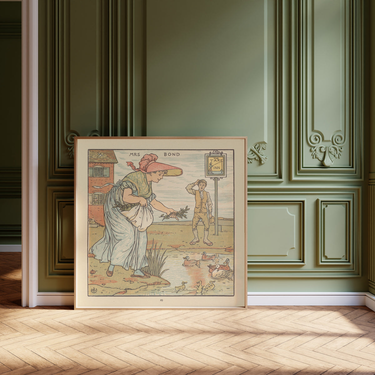 Framed art print of The Baby's Opera: Mrs. Bond by Walter Crane, leaning against olive-green panelling on a herringbone floor