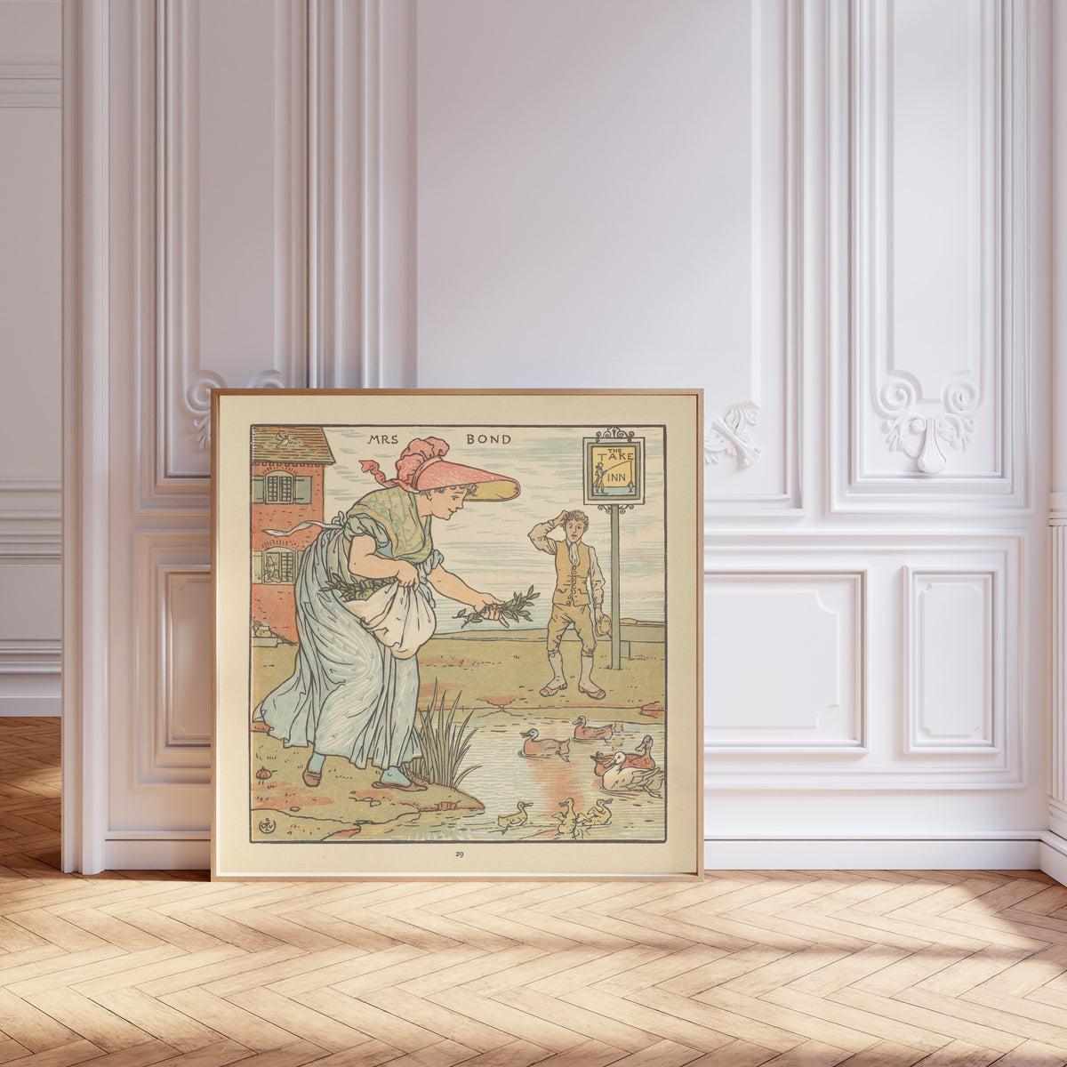 Framed art print of The Baby's Opera: Mrs. Bond by Walter Crane, leaning against pale pink panelling on a herringbone floor
