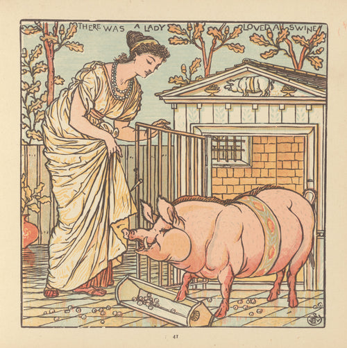 The Baby's Opera: There Was a Lady Loved a Swine by Walter Crane — A woman in a draped gown opens the gate to a heavy pink pig
