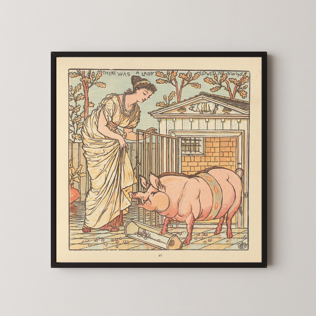 Framed art print of The Baby's Opera: There Was a Lady Loved a Swine by Walter Crane, in a black frame on a pale wall