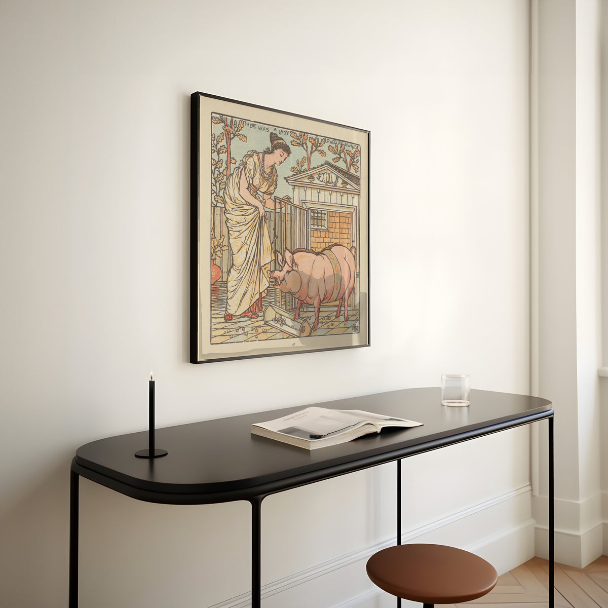 Framed art print of The Baby's Opera: There Was a Lady Loved a Swine by Walter Crane, above a slim black console table