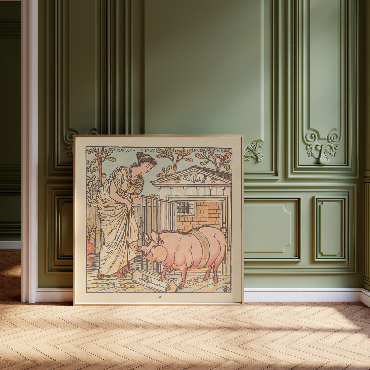 Framed art print of The Baby's Opera: There Was a Lady Loved a Swine by Walter Crane, leaning against olive-green panelling on a herringbone floor