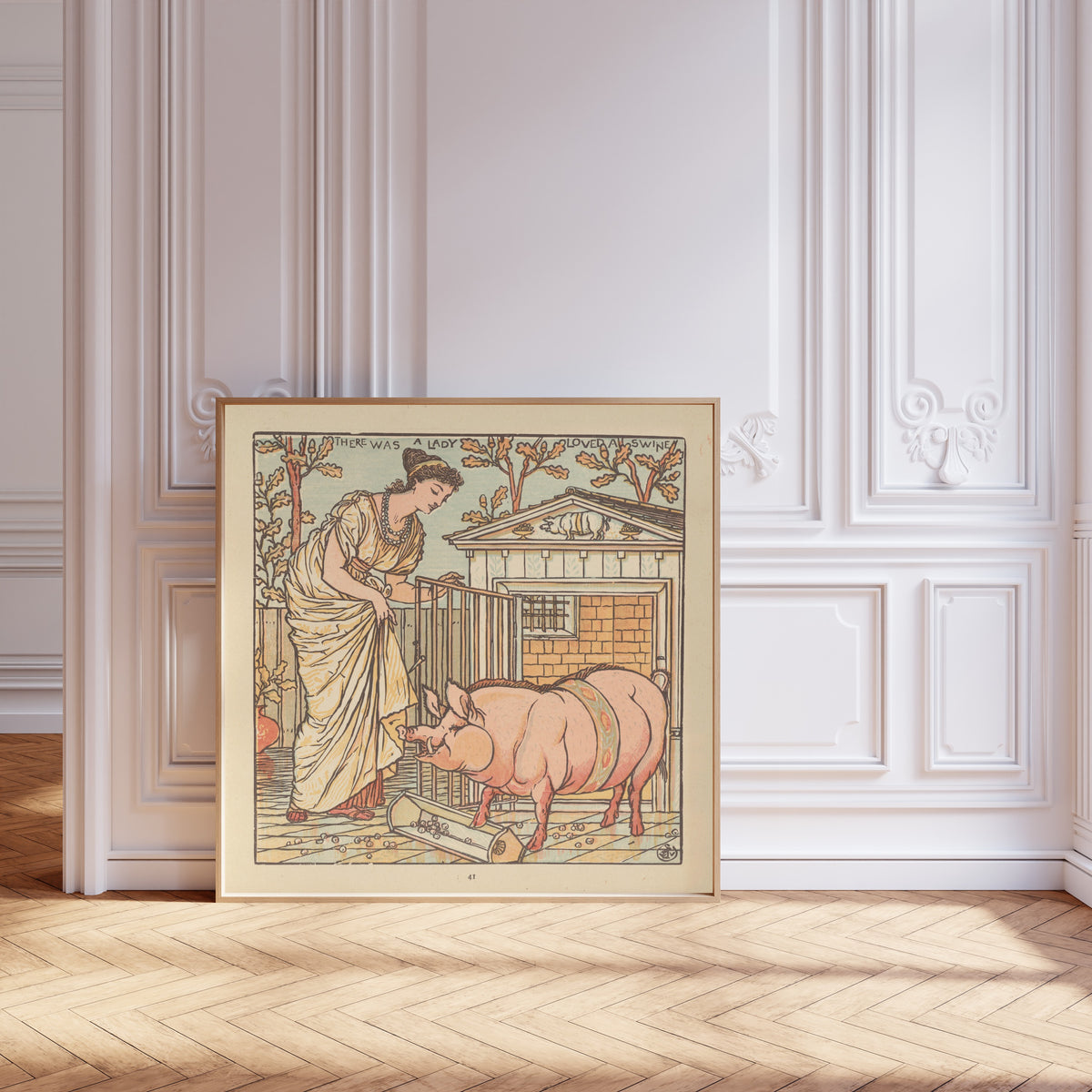 Framed art print of The Baby's Opera: There Was a Lady Loved a Swine by Walter Crane, leaning against pale pink panelling on a herringbone floor