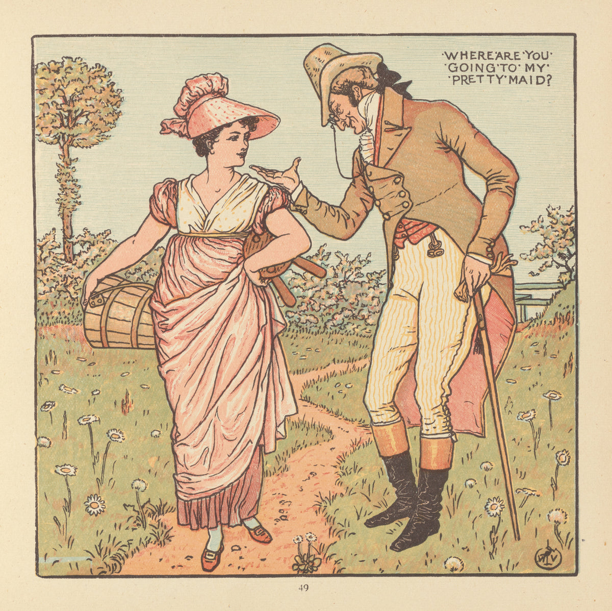The Baby's Opera: Where Are You Going to, My Pretty Maid? by Walter Crane — A stooping gentleman stops a milkmaid on a daisy path