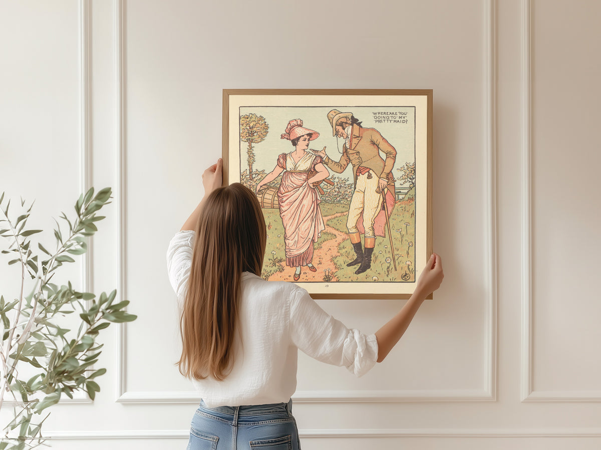 Framed art print of The Baby's Opera: Where Are You Going to, My Pretty Maid? by Walter Crane, hung on a panelled wall