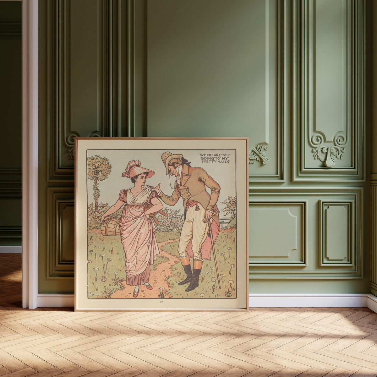 Framed art print of The Baby's Opera: Where Are You Going to, My Pretty Maid? by Walter Crane, leaning against olive-green panelling on a herringbone floor