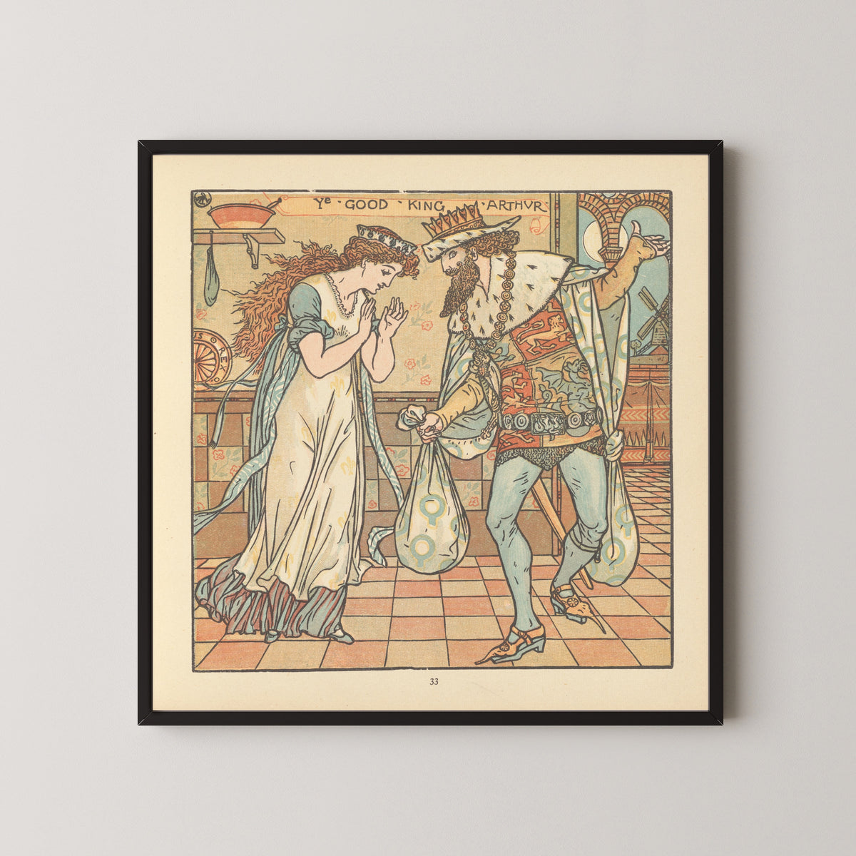 Framed art print of The Baby's Opera: Ye Good King Arthur by Walter Crane, in a black frame on a pale wall