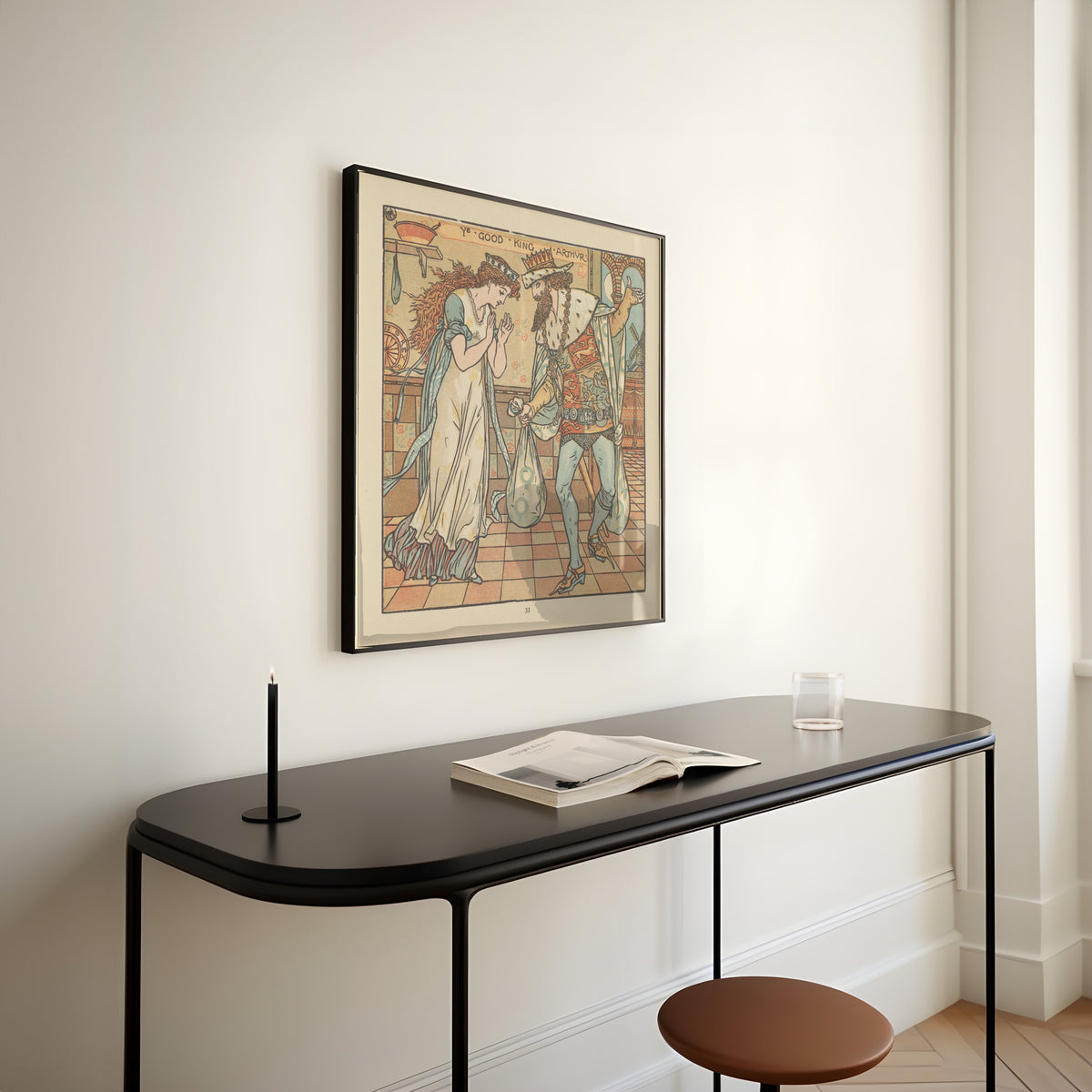 Framed art print of The Baby's Opera: Ye Good King Arthur by Walter Crane, above a slim black console table