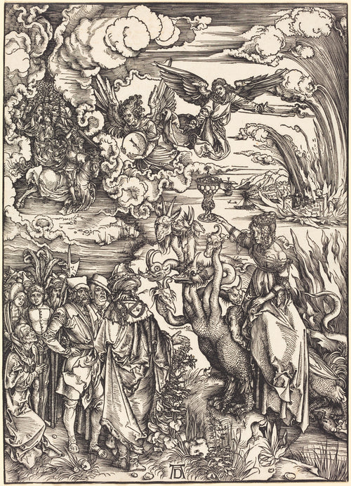 The Babylonian Whore by Albrecht Dürer — A crowned woman raises a goblet on a many-headed beast