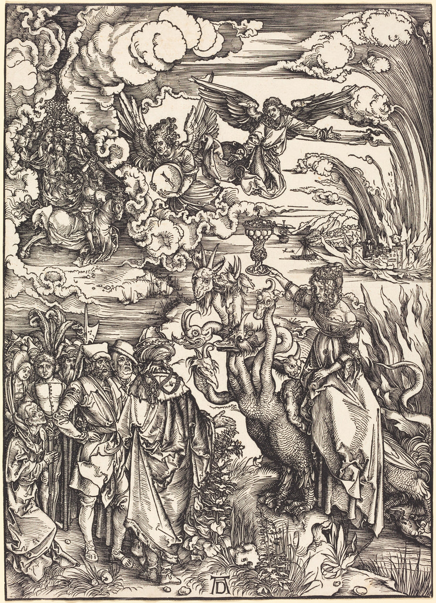 Albrecht Dürer — The Babylonian Whore | Woodcut Print shown to scale on a wall above a sofa